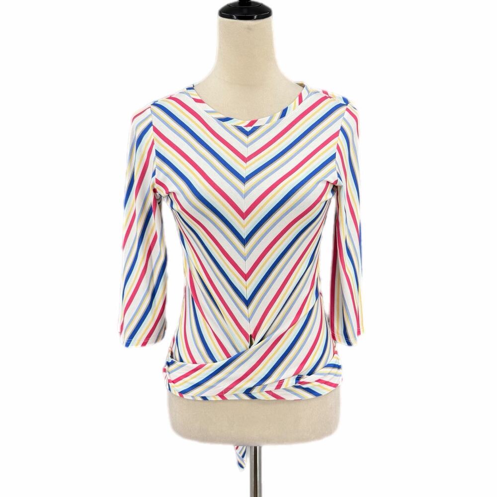 Worth White Multicolor Chevron Stripe Waist Tie Vibrant Colorful Fun Blouse Top